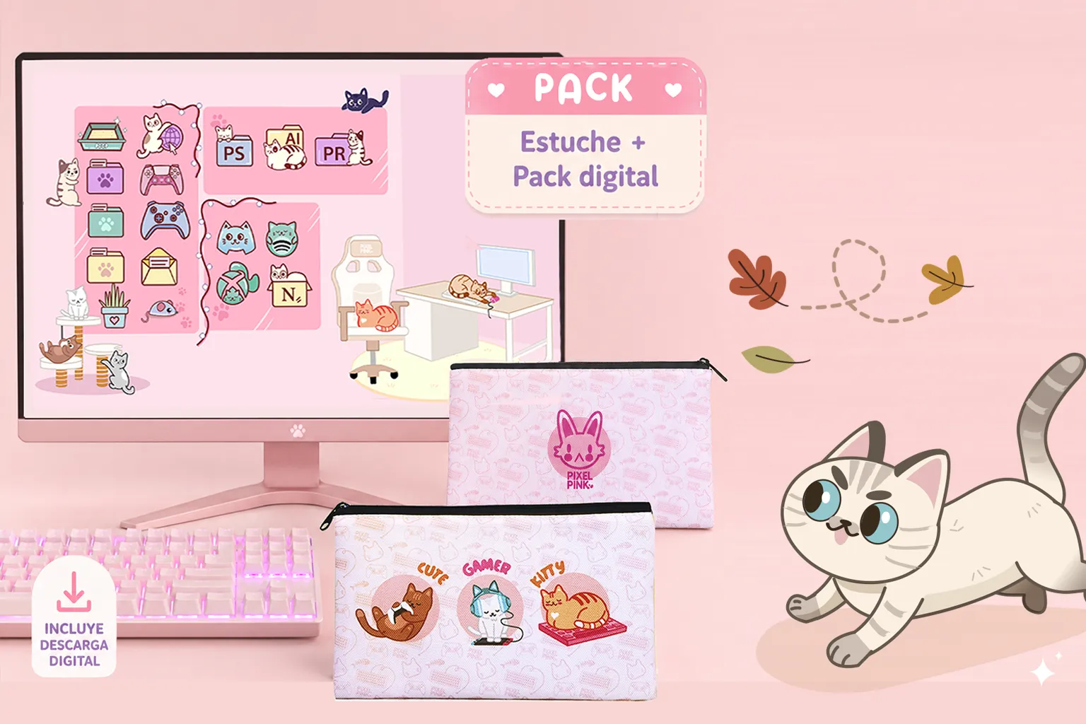 Pack Gamer Gatitos de Pixelpink con estuche, iconos y fondos para PC y Mac