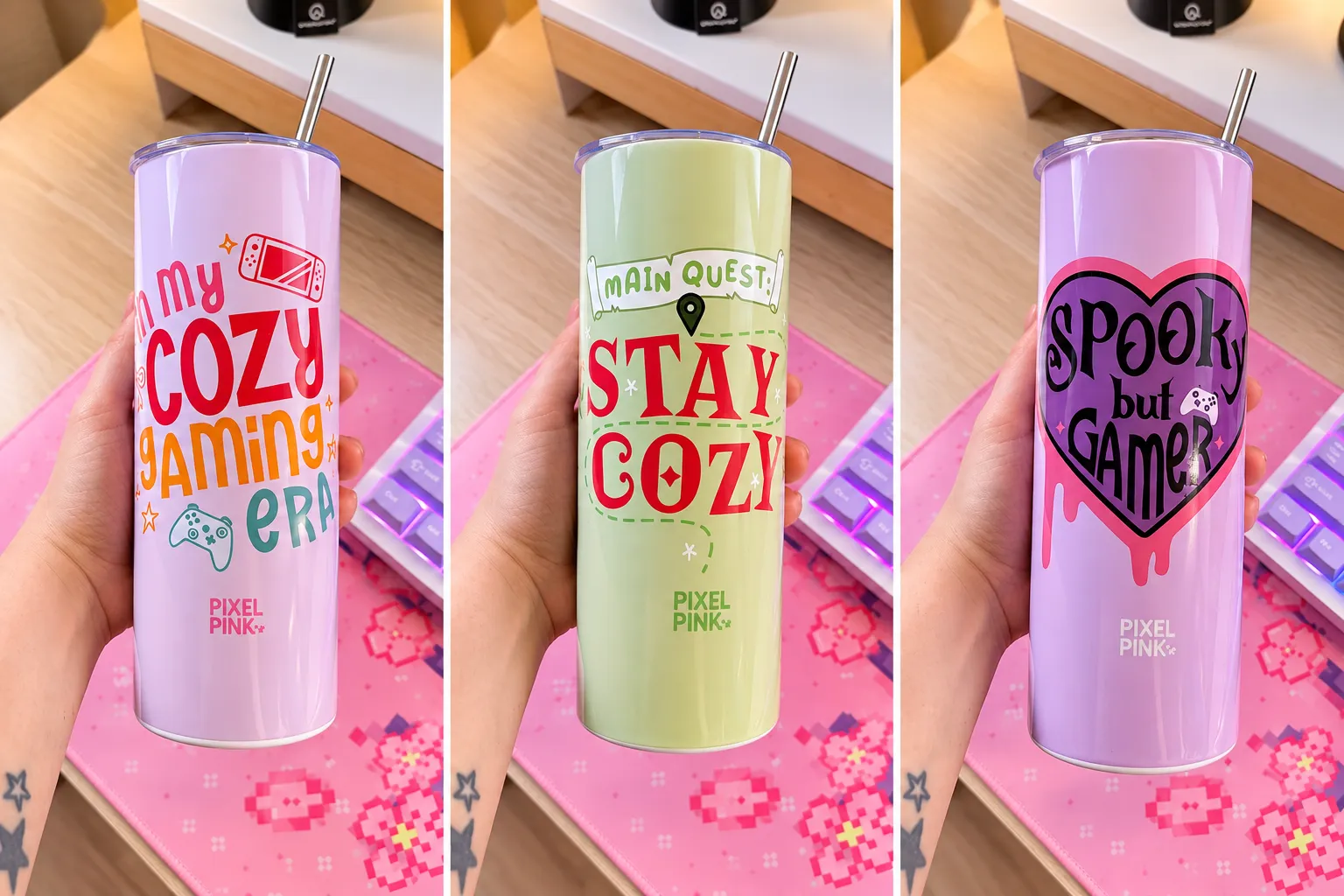 Tumblers gamer Pixelpink en color lila, rosa y verde